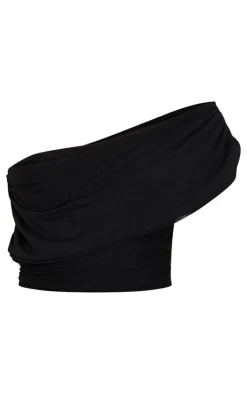 Petite Black Mesh One Shoulder Ruched Crop Top