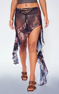 Petite Black Mesh Printed Asymmetric Micro Mini Skirt