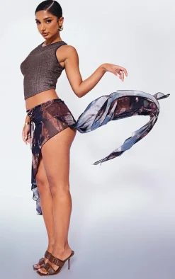 Petite Black Mesh Printed Asymmetric Micro Mini Skirt