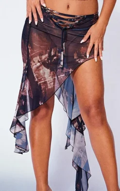 Petite Black Mesh Printed Asymmetric Micro Mini Skirt