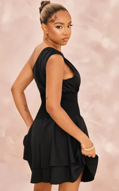 Petite Black One Shoulder Frill Dress