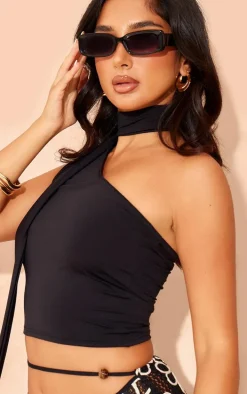 Petite Black One Shoulder Tie Neck Detail Top