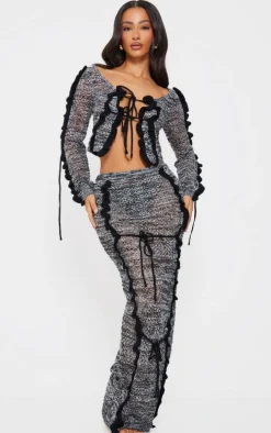 Petite Black Open Knit Frill Detail Maxi Skirt