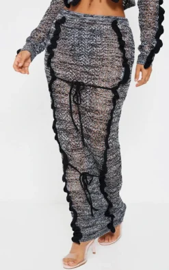 Petite Black Open Knit Frill Detail Maxi Skirt