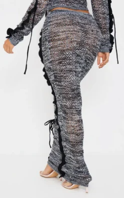Petite Black Open Knit Frill Detail Maxi Skirt