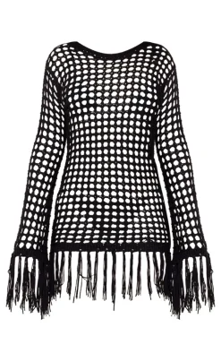 Petite Black Open Knit Tassel Detail Mini Dress