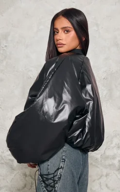 Petite Black Oversized Bomber Puffer Jacket