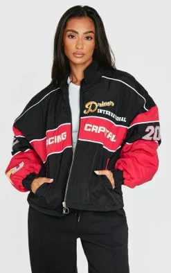 Petite Black Oversized Graphic Zipped Racer Bomber Jacket