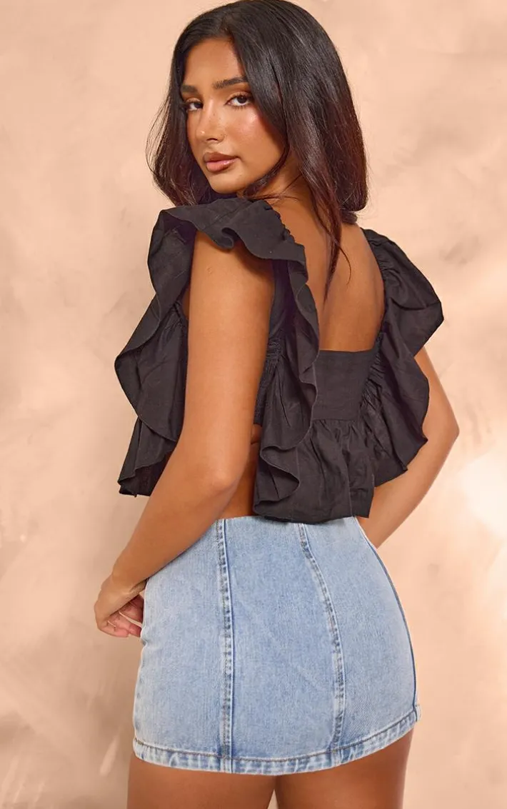 Petite Black Padded Cup Cotton Frill Detail Crop Top