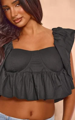 Petite Black Padded Cup Cotton Frill Detail Crop Top