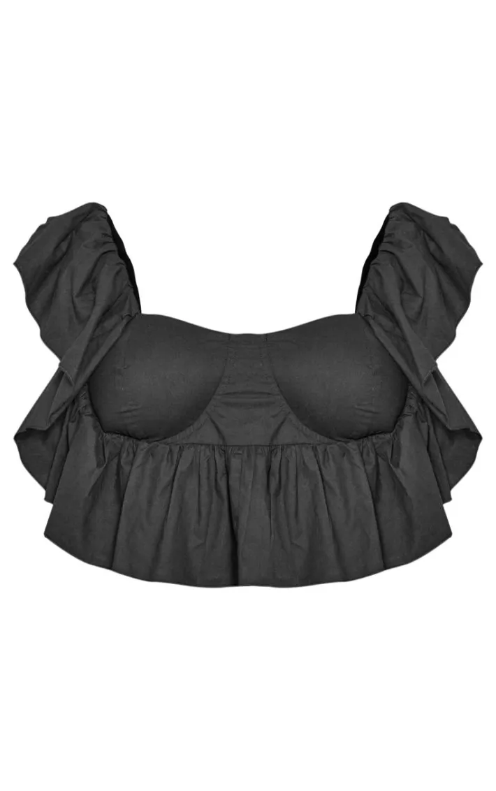 Petite Black Padded Cup Cotton Frill Detail Crop Top