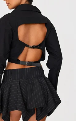 Petite Black Pinstripe Asymmetric Hem Micro Mini Skirt