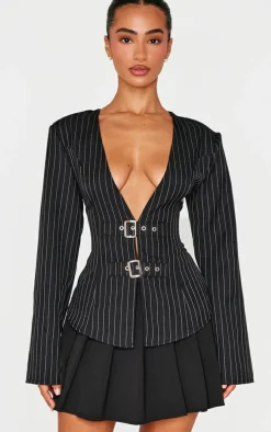 Petite Black Pinstripe Long Sleeve Trim Detail Shirt