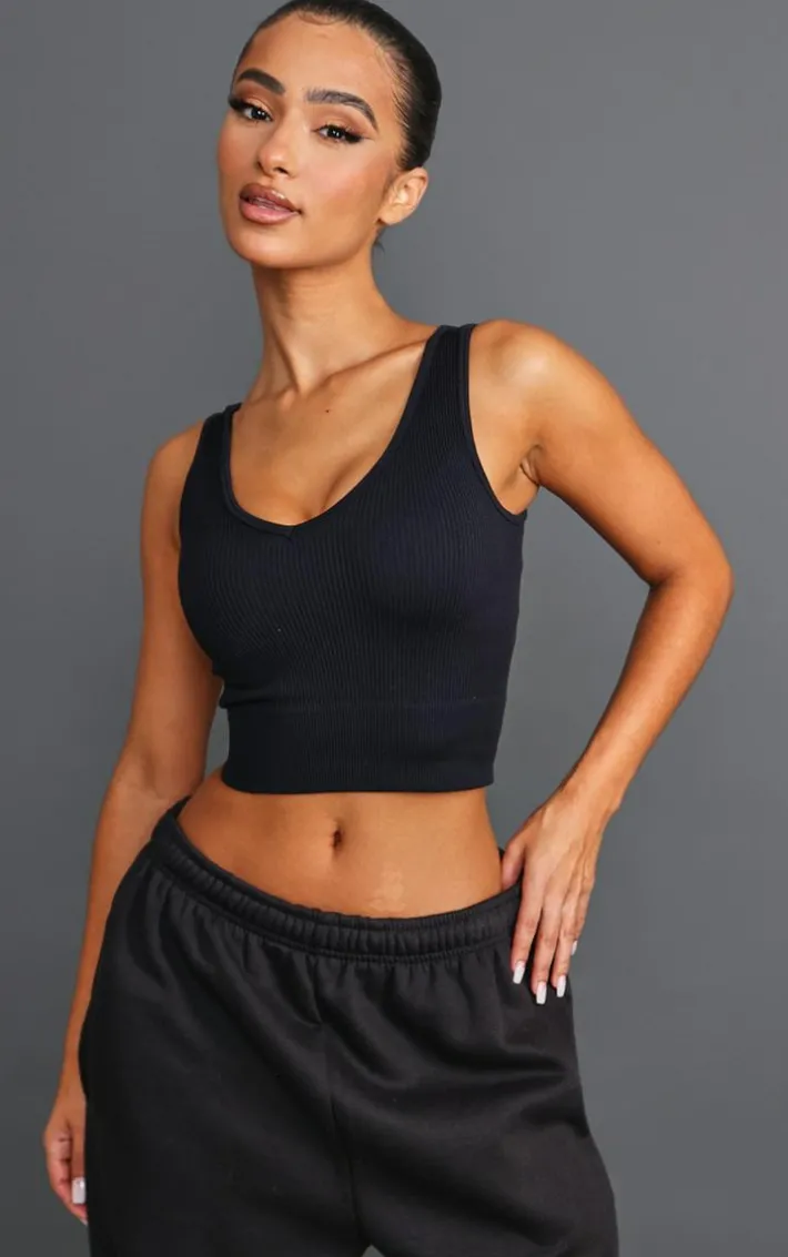 Petite Black Plunge Detail Snatched Rib Crop Top