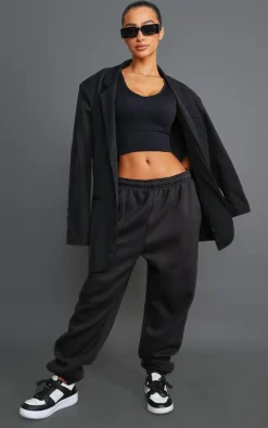 Petite Black Plunge Detail Snatched Rib Crop Top