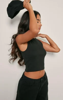 Petite Black Premium Ribbed Racer Neck Crop Top