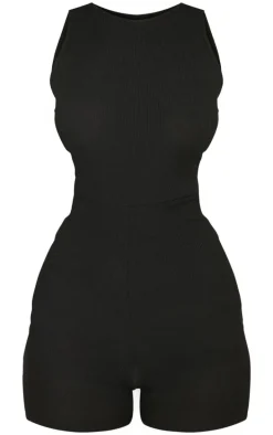 Petite Black Racer Neck Ribbed Unitard