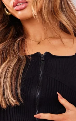 Petite Black Ribbed Cup Detail Top
