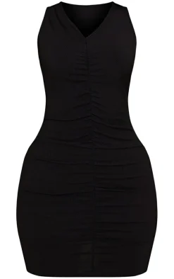 Petite Black Ribbed Ruched Racer Bodycon Dress