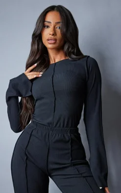 Petite Black Ribbed Seam Detail Long Sleeve Top