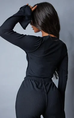 Petite Black Ribbed Seam Detail Long Sleeve Top