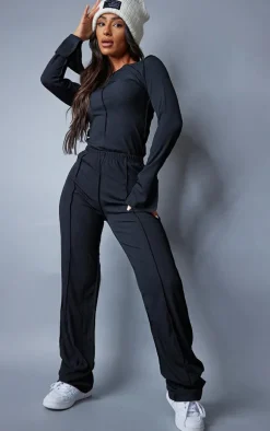 Petite Black Ribbed Seam Detail Long Sleeve Top