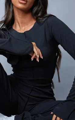 Petite Black Ribbed Seam Detail Long Sleeve Top