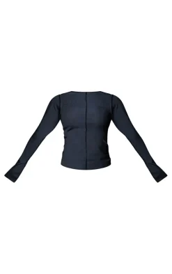 Petite Black Ribbed Seam Detail Long Sleeve Top