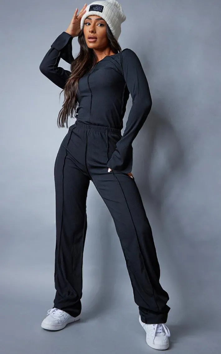 Petite Black Ribbed Seam Detail High Waisted Wide Leg Pants