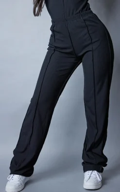 Petite Black Ribbed Seam Detail High Waisted Wide Leg Pants