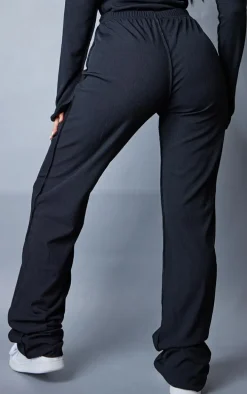 Petite Black Ribbed Seam Detail High Waisted Wide Leg Pants