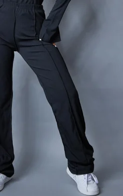 Petite Black Ribbed Seam Detail High Waisted Wide Leg Pants