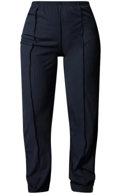 Petite Black Ribbed Seam Detail High Waisted Wide Leg Pants