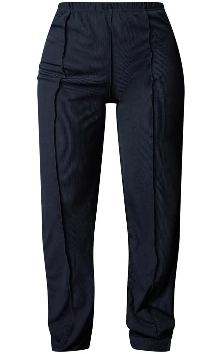 Petite Black Ribbed Seam Detail High Waisted Wide Leg Pants