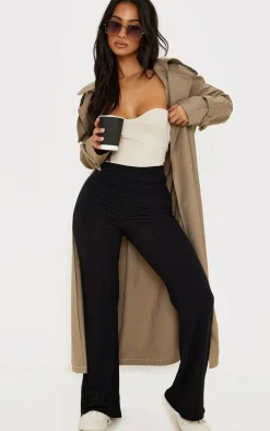 Petite Black Ruched Front Ribbed Flare Pant