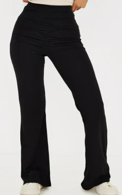 Petite Black Ruched Front Ribbed Flare Pant