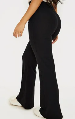 Petite Black Ruched Front Ribbed Flare Pant