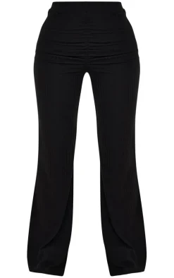 Petite Black Ruched Front Ribbed Flare Pant