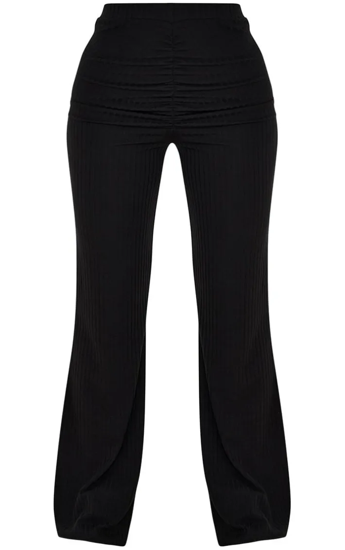 Petite Black Ruched Front Ribbed Flare Pant