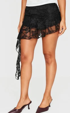 Petite Black Ruched Lace Ruffle Skort