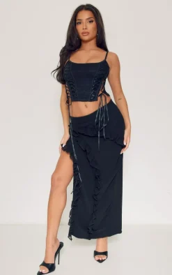 Petite Black Ruffle Detail Skirt With Side Split
