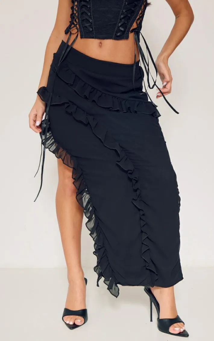 Petite Black Ruffle Detail Skirt With Side Split