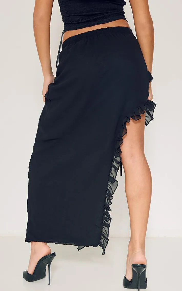 Petite Black Ruffle Detail Skirt With Side Split