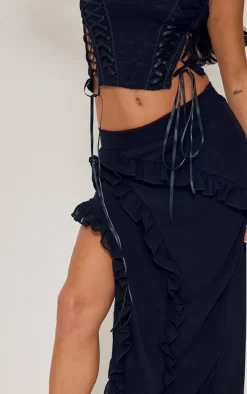 Petite Black Ruffle Detail Skirt With Side Split