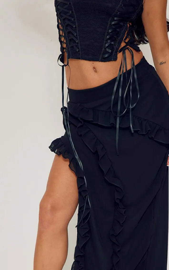 Petite Black Ruffle Detail Skirt With Side Split