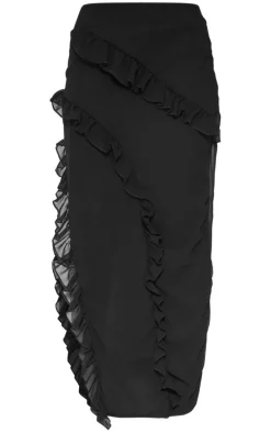 Petite Black Ruffle Detail Skirt With Side Split