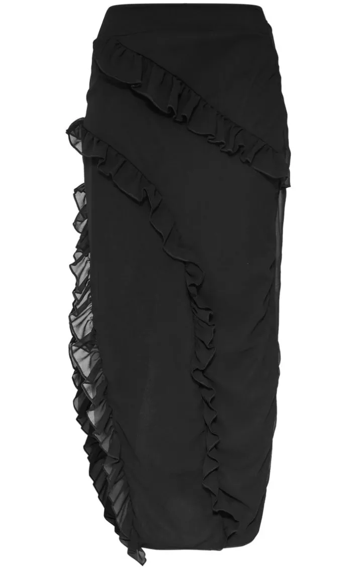Petite Black Ruffle Detail Skirt With Side Split