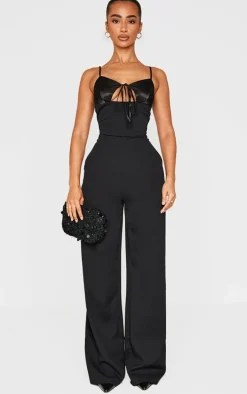 Petite Black Satin Cup Detail Straight Leg Jumpsuit