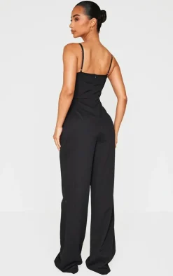 Petite Black Satin Cup Detail Straight Leg Jumpsuit