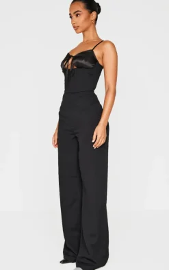 Petite Black Satin Cup Detail Straight Leg Jumpsuit